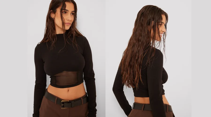 Cropped top with long sleeves and mesh detail