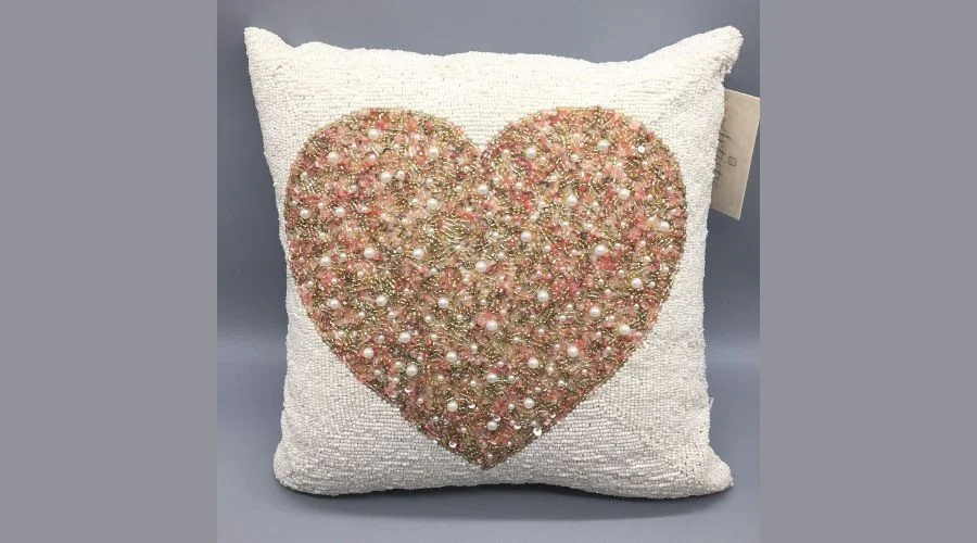 Artistic Heart and Beaded Pearl Decor Pink Gold Love Wedding Pillow