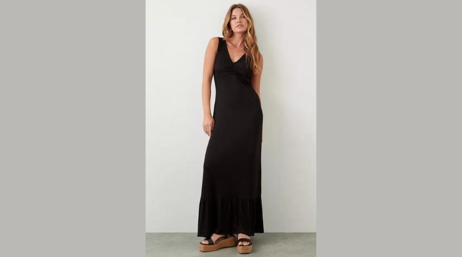 Black ruched front maxi dress