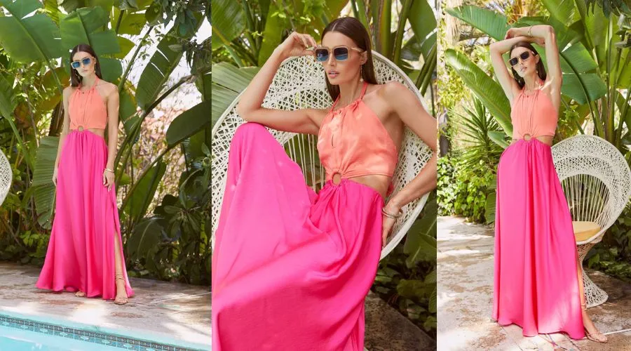 Key West Satin Halter Cutout Maxi Dress - TangerineFuchsia | Findwyse
