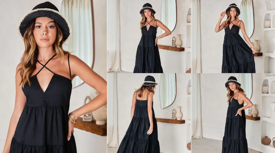 Saylor Cotton Pocketed Tiered Maxi Dress - Black | Findwyse