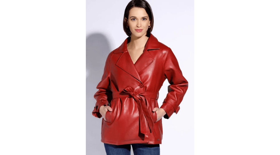 Women's Red Eco-leather Jacket with Belt | Findwyse