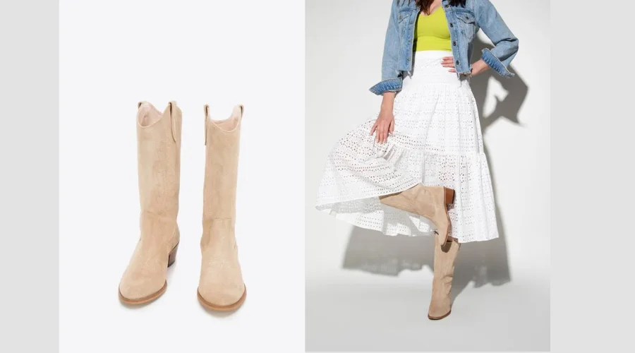 High Beige Embroidered Suede Cowboy Boots