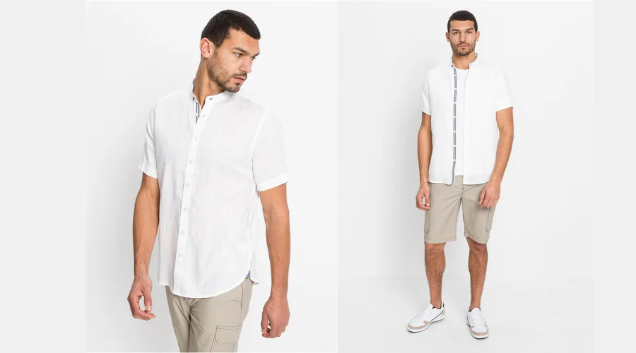 Linen Shirt With Short Sleeves and a Stand-up Collar