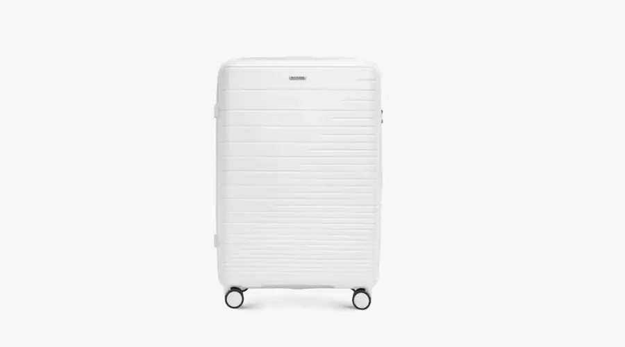 Large polypropylene suitcase with shiny off-white stripes