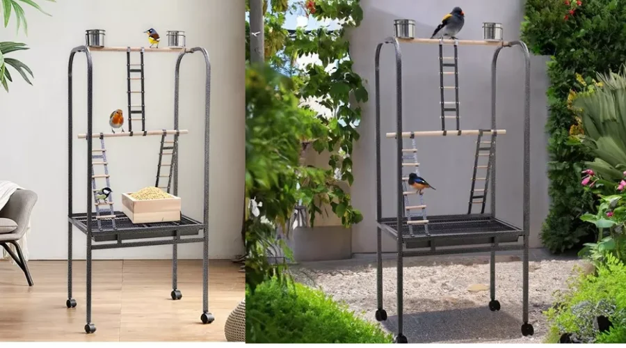 140cm Metal Frame Bird Play Stand With Feeding Bowls And Ladders