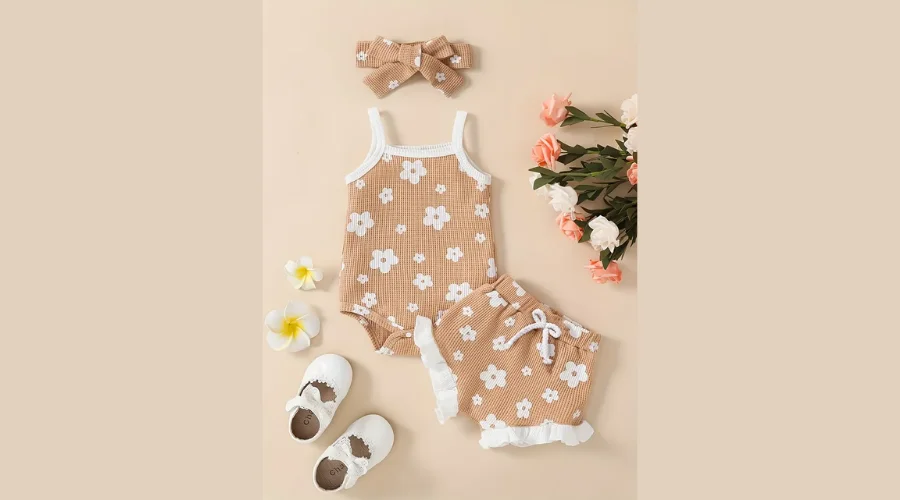 3pcs Baby Girls Floral Onesie, Shorts, Headband