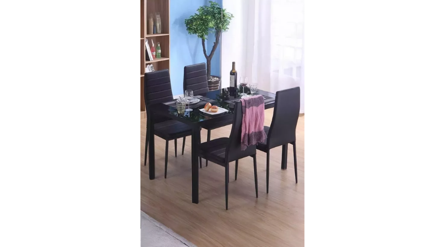 5-Piece Dining Table Set of Faux Leather Dining Chairs and Tempered Glass Table