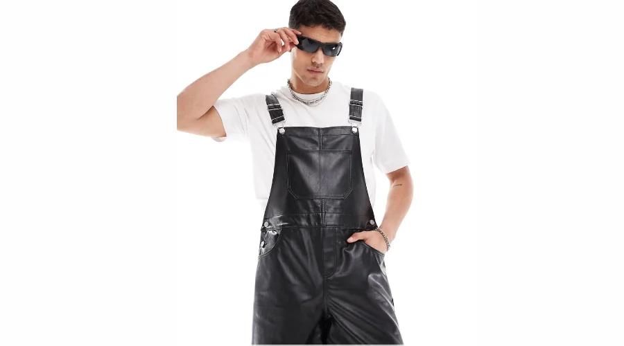 Asos Cropped Dungarees in black with leather look in black