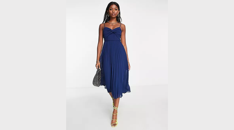 Asos Design Pleated Belted Twist Front Midi Slip Dress In Navy | Findwyse