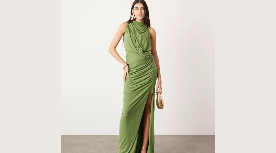 Asos Edition Sleeveless Maxi Dress In Green With Draped Detail And Metal Embellishment | Findwyse