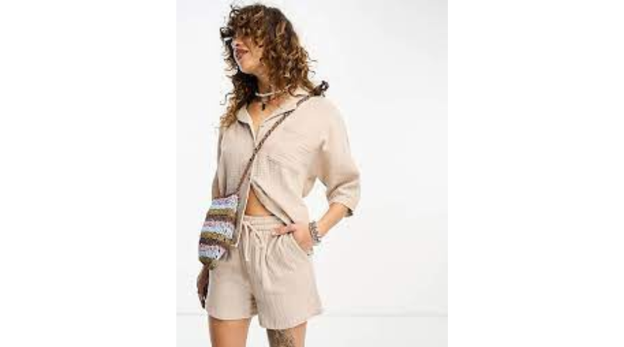 Beige colored only button through shirt and shorts set in chunky woven cotton