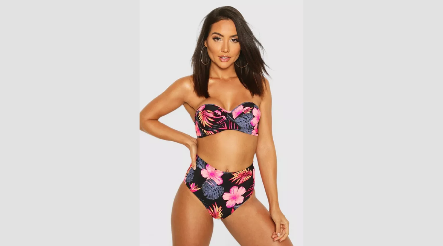 Boohoo Tropical Floral Underwired High Waist Bikini Set in Black