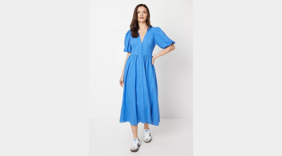 Broderie Puff Sleeve Button Through Midi Dress | Findwyse