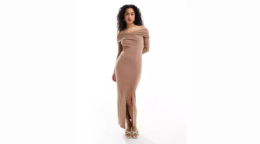 Closet London Bodycon Midi Dress In Brown With Barmen Neck | Findwyse