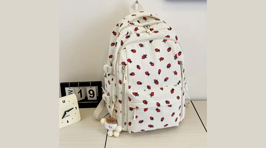 Corduroy Strawberry Fruit Pattern Daypack Backpack