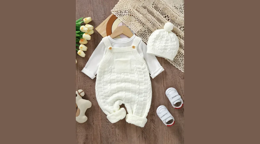 Infant Knitted Suspender Jumpsuit, Hat