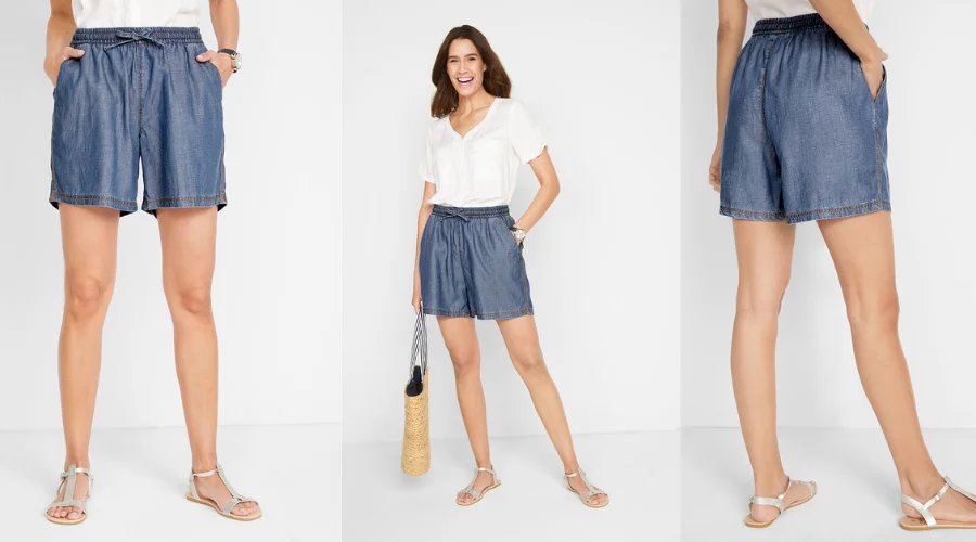 Light color wide leg denim shorts with a comfortable waistband