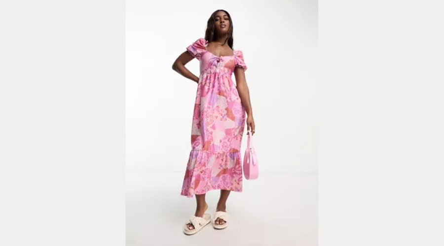 Long patchwork dress in pink with lace up by Miss Selfridge