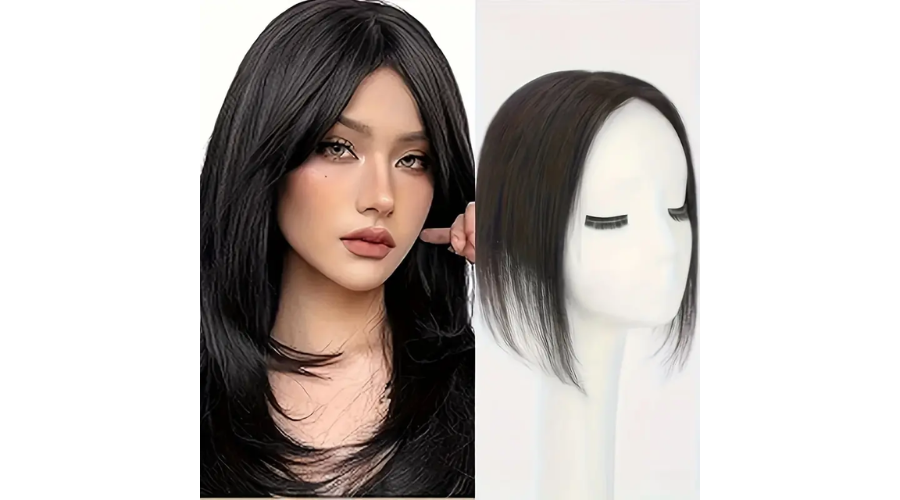 Natural Black Straight Human Hair Topper With Bangs For Women 