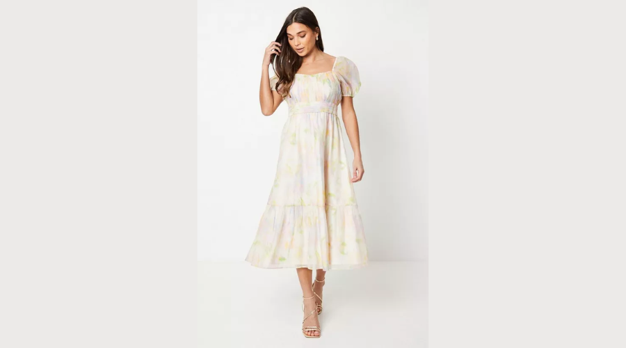 Petite Ruched Bust Organza Tiered Midi Dress | Findwyse