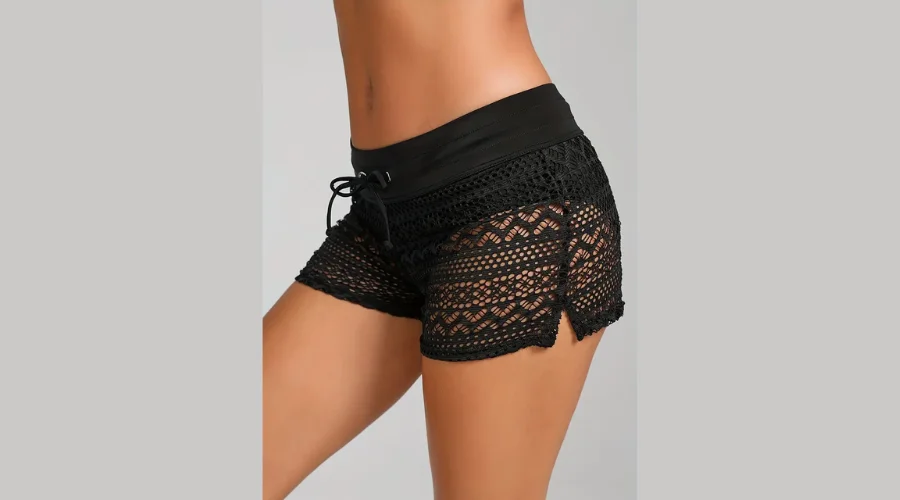 Sexy Hollow Out Drawstring Tie Low Waist Beach Shorts in Black