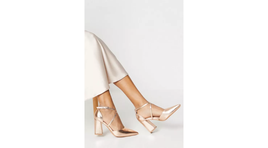 Cross Strap Pointed Block Heel Court Shoes 