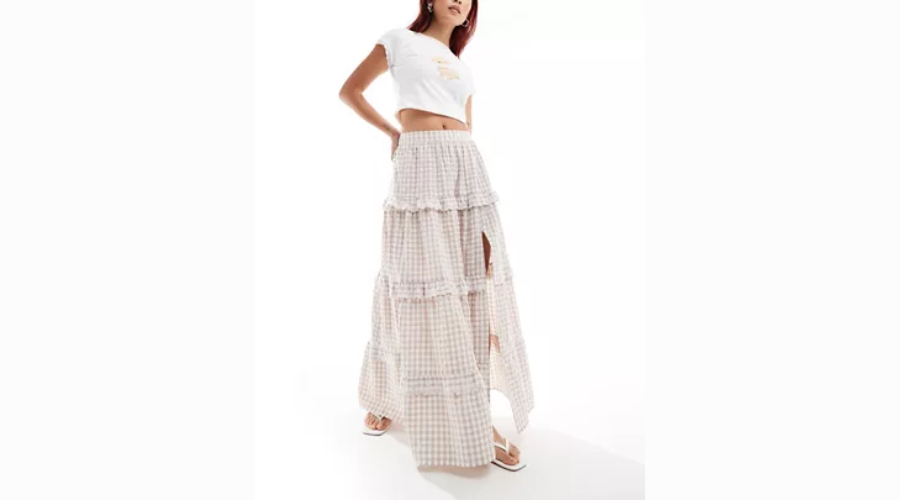 Tiered maxi skirt in tan with ruffle and gingham by Miss Selfridge 