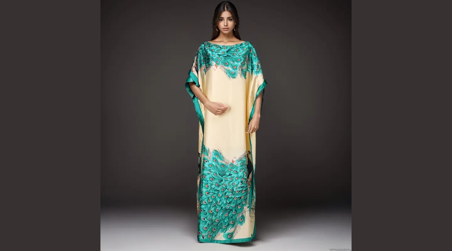 Women’s Elegant Kaftan Dress with Peacock Print