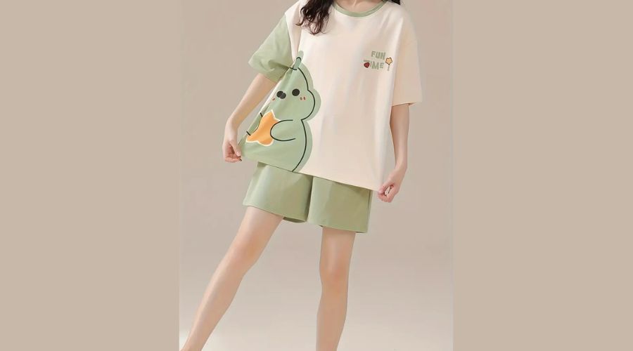 Women’s Short Sleeve Cute Dinosaur Print Loose fit Pyjama short set in white & beige colour