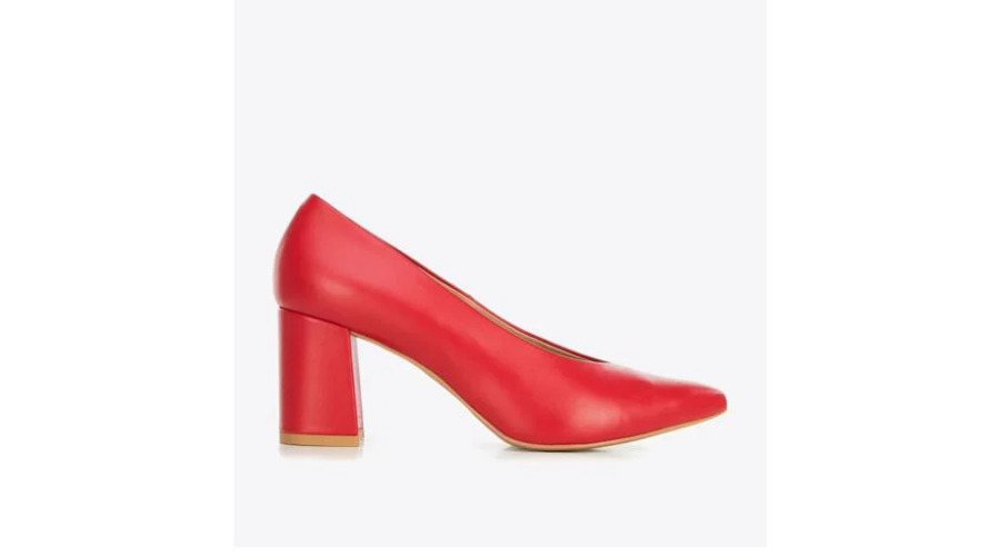 Women's red leather pumps with a cutout on the heel