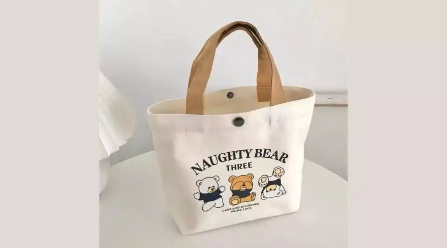 Adorable Cartoon bear print canvas tote bag in beige colour