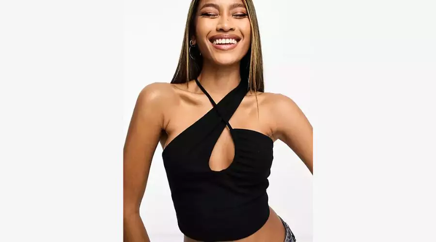 ASOS DESIGN cross halter neck keyhole top in black