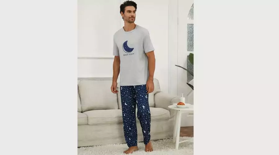 Moon Graphic Print Crew Neck Short Sleeve Pajama Sets for Men 