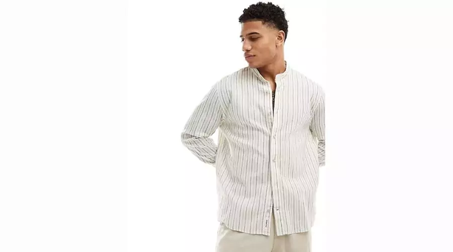 Pull&Bear Rustic Linen Shirt with Stripes and Grandad Collar