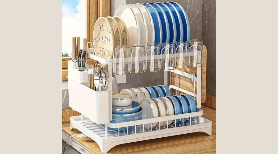 2-Tier Rustproof Metal Dish Rack with Drainboard and Utensil Holder 