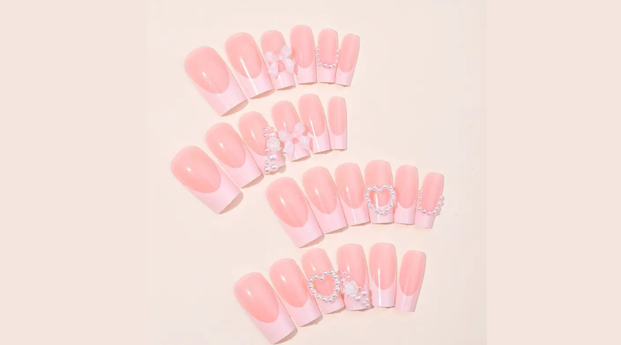 24Pcs Long Press On Nails Square Coffin Fake Nails French Tip Cute Nude White Pink 