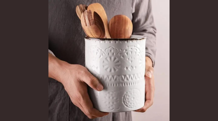 7.2Kitchen Utensil Holder, Large Farmhouse Embossed Ceramic Utensil Crock