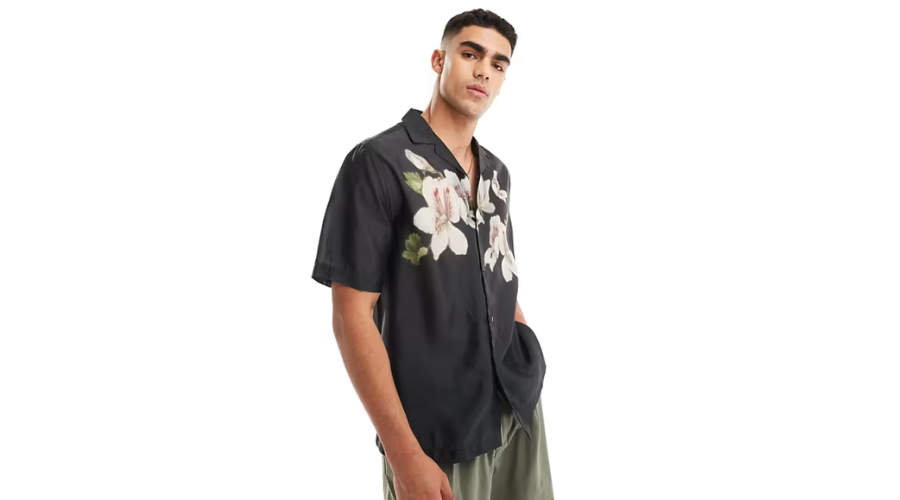 Asos Design relaxed fit shirt in black with blurred floral print and revere collar