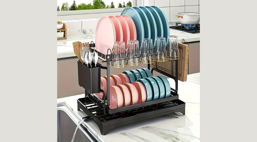 Dish Rack, 2 Tier Utensil Holder, Rustproof Kitchen Dish Drying Rack