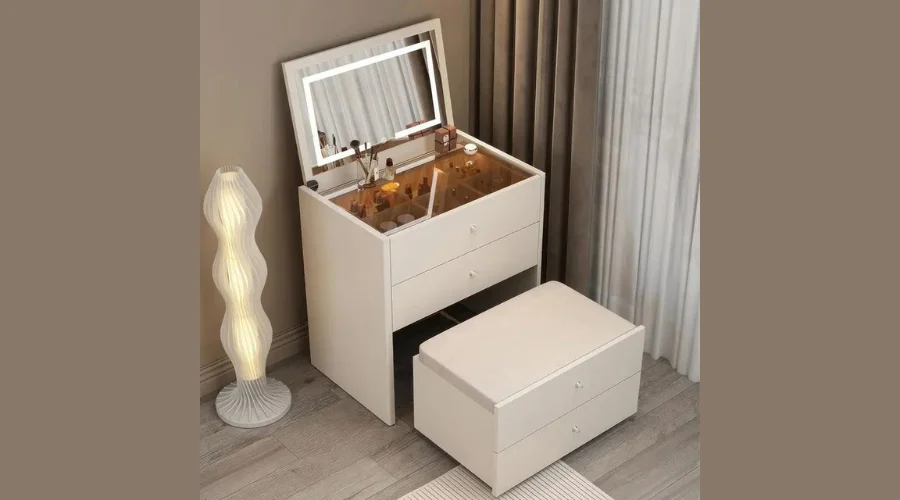 Elegant Vanity Table with LED Mirror, Storage Stool