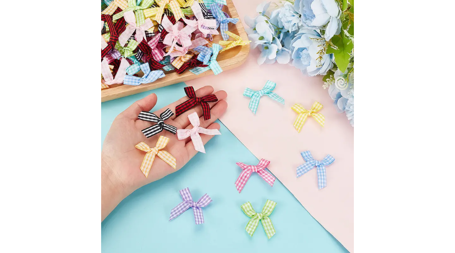 Set of 200 Pieces of Ribbon Bows, 10 Colors, Gingham Bowknots Mini Ribbon Craft Bows 