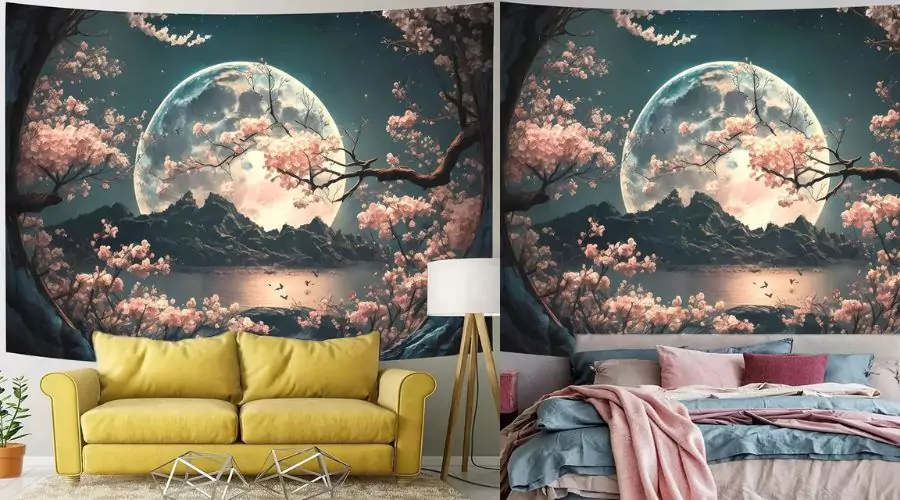 Landscape Wall Hanging For Bedroom with Cherry Blossom & Moonlight Tapestry