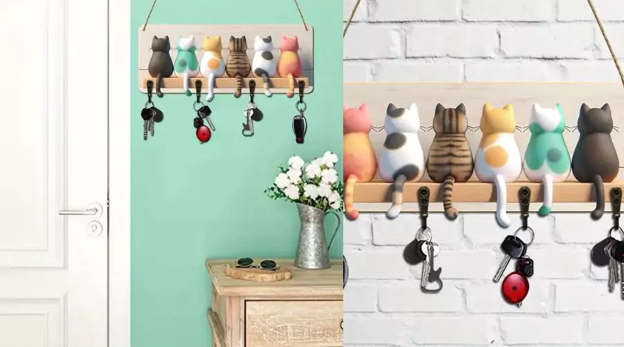 Modern Cat Silhouette Key Holder with 4 Metal Hooks