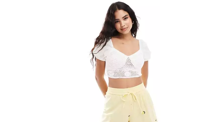 New Look crochet crop top with puff sleeves in white