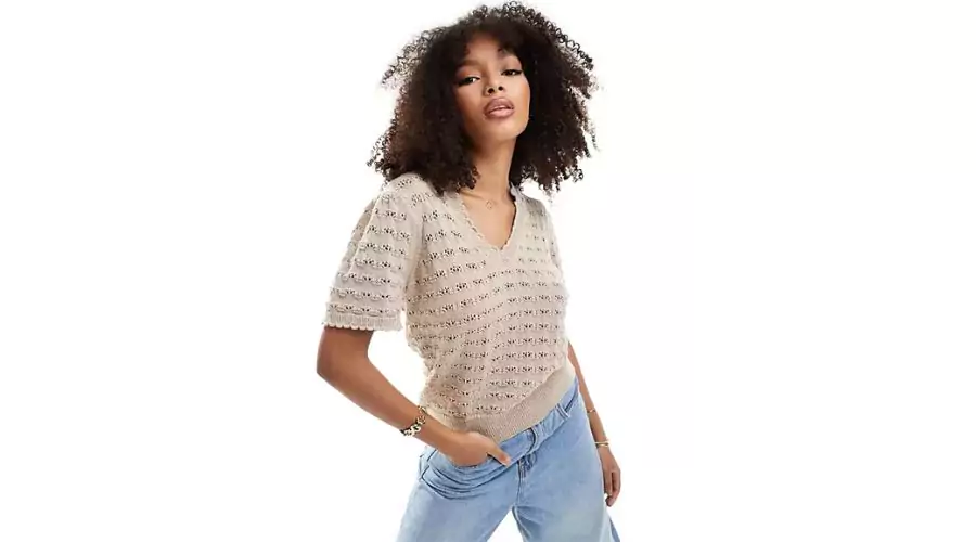 Vila crochet v-neck top in beige