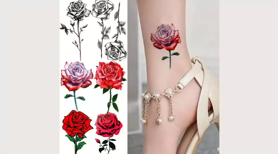 24 pack of rose Tattoo on women’s leg and ankle in black and colourful patterns