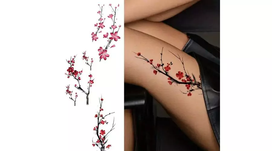 Realistic 3D Cherry Blossom Temporary Water-proof Tattoo on women’s leg