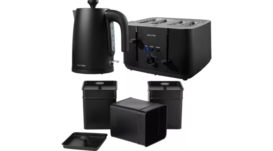 SALTER Kuro Kettle, 4-Slice Toaster & Storage Canister Set Bundle - Black