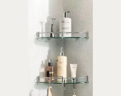 2Pcs Bathroom Glass Corner Shelf Wall Mounted Storage Rack